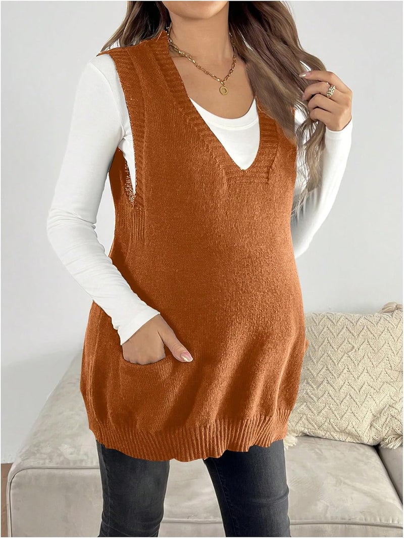 OYOANGLE Women's Maternity V Neck Sweater Vest Pregnancy Sleeveless Pullover Knitted Tank Top - Image 4